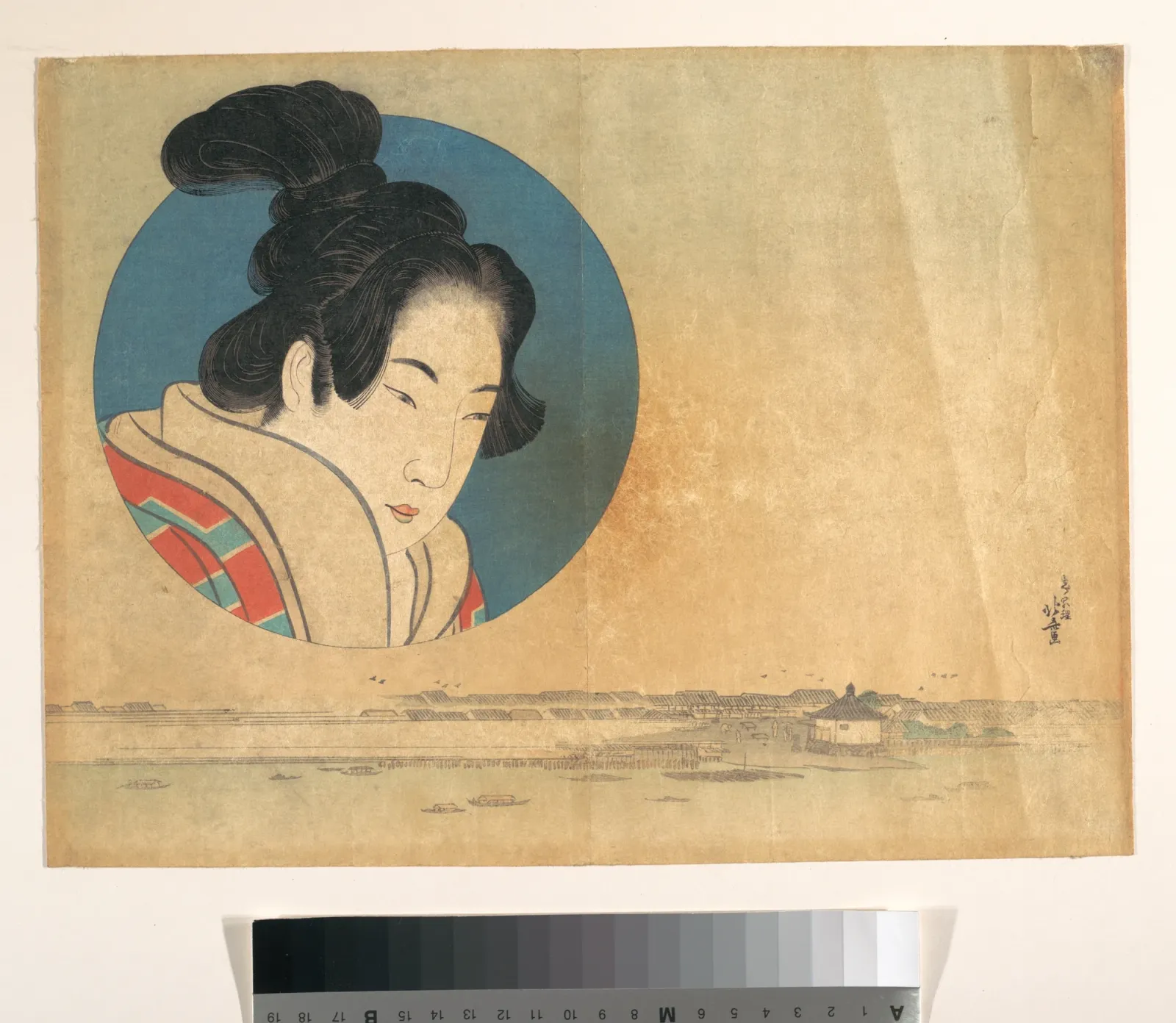 Portrait of a Woman in Large Circle with Landscape Below, Katsushika Hokusai