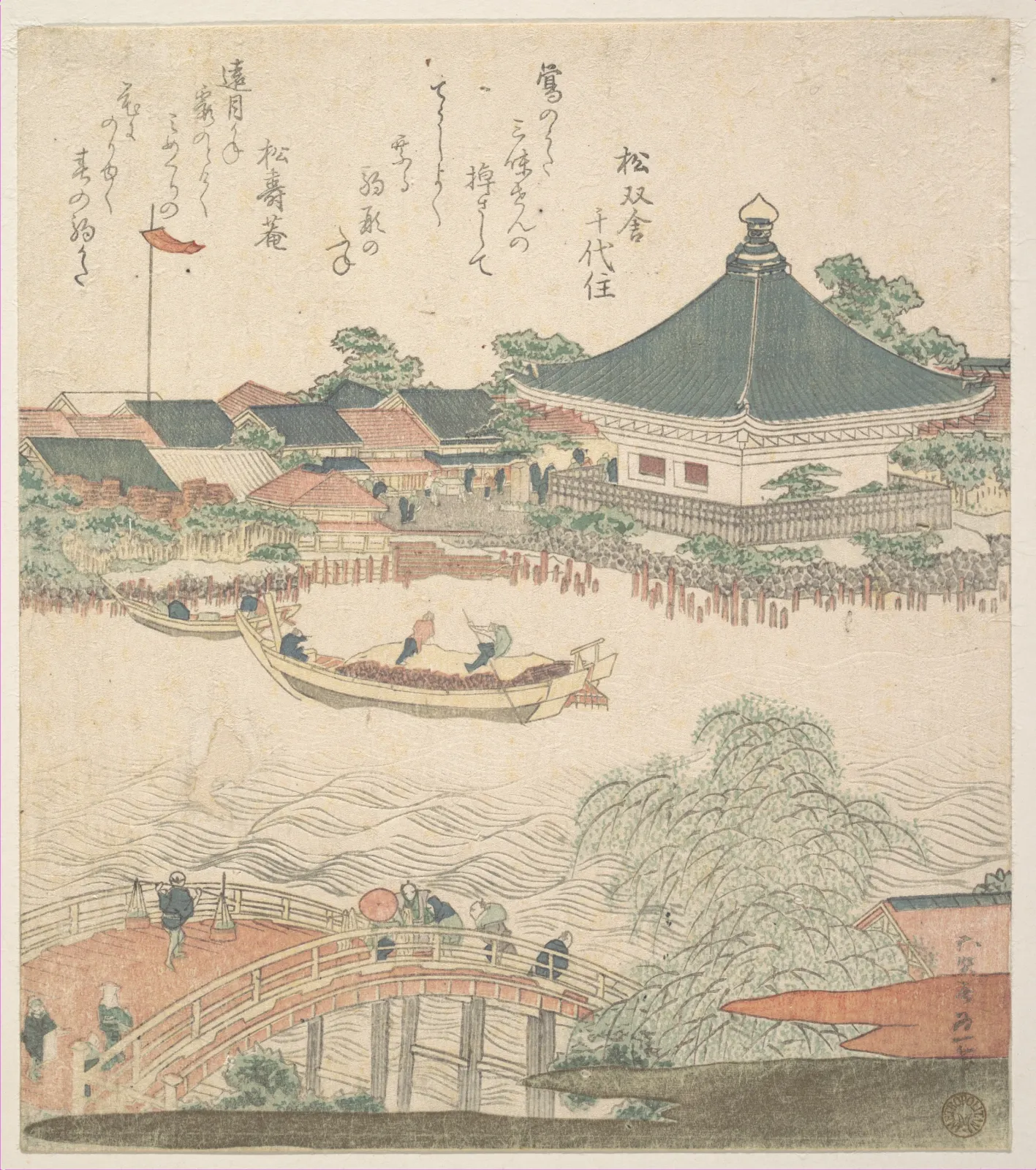 Scène de rivière avec un pont au premier plan, Katsushika Hokusai