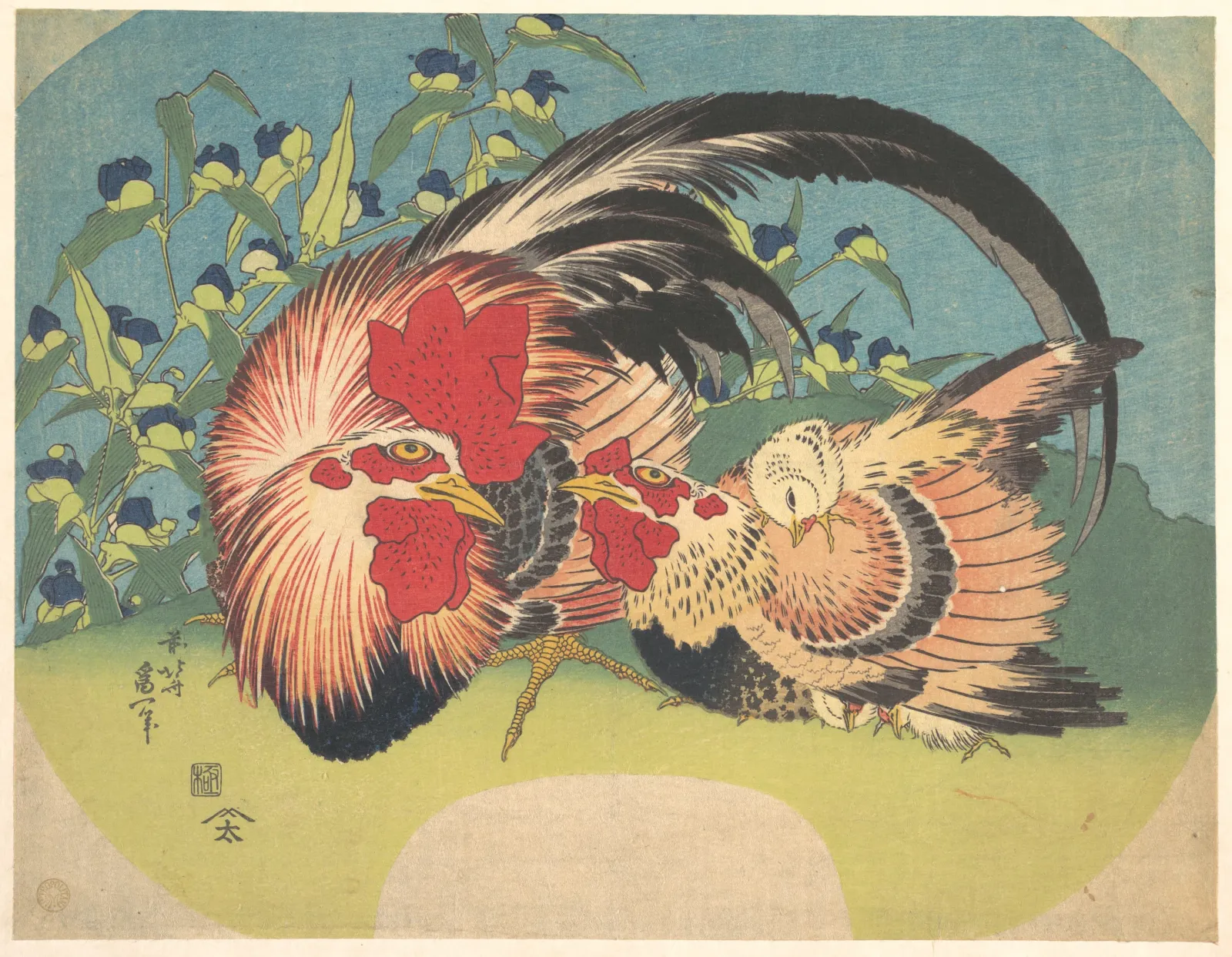 Rooster, Hen and Chicken with Spiderwort, Katsushika Hokusai