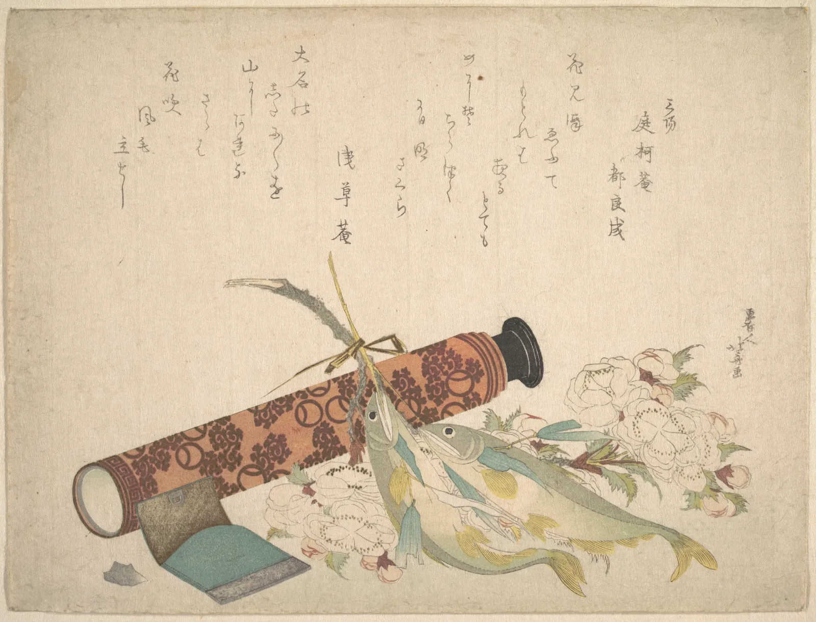 Still Life: Double Cherry-Blossom Branch, Telescope, Sweet Fish, and Tissue Case, Katsushika Hokusai