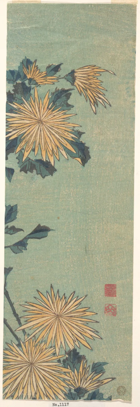 Yellow Chrysanthemums on a Blue Ground, Katsushika Hokusai