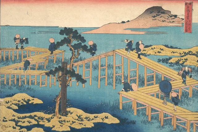 Vista antigua de Yatsuhashi en la provincia de Mikawa (Mikawa no Yatsuhashi no kozu), de la serie Vistas notables de puentes de diversas provincias (Shokoku meikyō kiran)