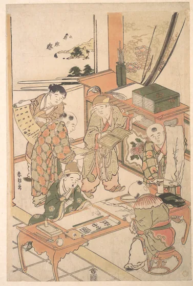 Chinese Boys Learning to Write and Paint