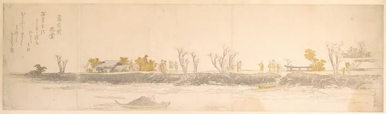 Figures Promenading on a Point of Land; Water and Boats in the Foreground