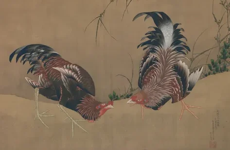 Coqs de combat — Katsushika Hokusai