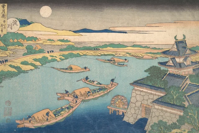 Clair de lune sur la rivière Yodo (Yodogawa), de la série Neige, lune et fleurs (Setsugekka), Katsushika Hokusai