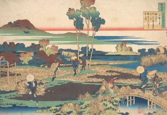 Poème de Tenchi Tennō, de la série Cent poèmes expliqués par la nourrice (Hyakunin isshu uba ga etoki) — Katsushika Hokusai