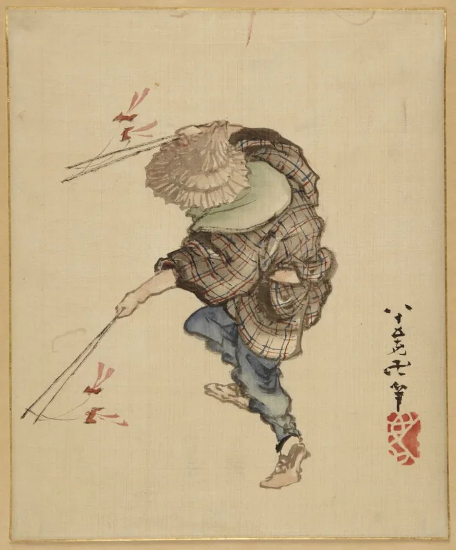 紙の鳥と跳ねる人物