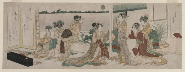 吉原の座敷から田の上の秋の月の出を眺める扇屋の司とその他の花魁
