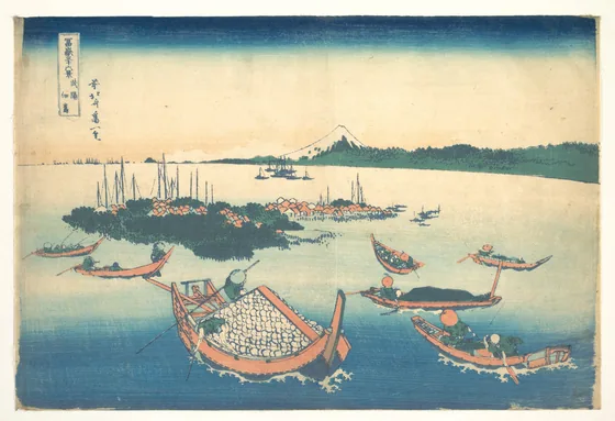 Tsukudajima in Musashi Province (Buyō Tsukudajima), from the series Thirty-six Views of Mount Fuji (Fugaku sanjūrokkei)