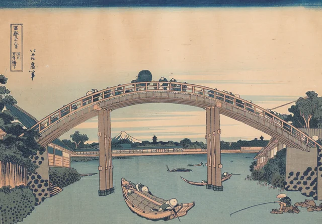 Sob a ponte Mannen em Fukagawa (Fukagawa Mannenbashi shita), da série Trinta e seis vistas do monte Fuji (Fugaku sanjūrokkei), Katsushika Hokusai