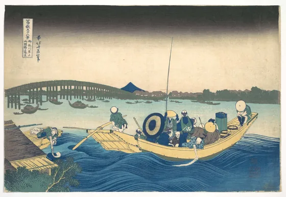 Viewing the Sunset over Ryōgoku Bridge from the Onmaya Embankment (Onmayagashi yori Ryōgokubashi sekiyō o miru), from the series Thirty-six Views of Mount Fuji (Fugaku sanjūrokkei)