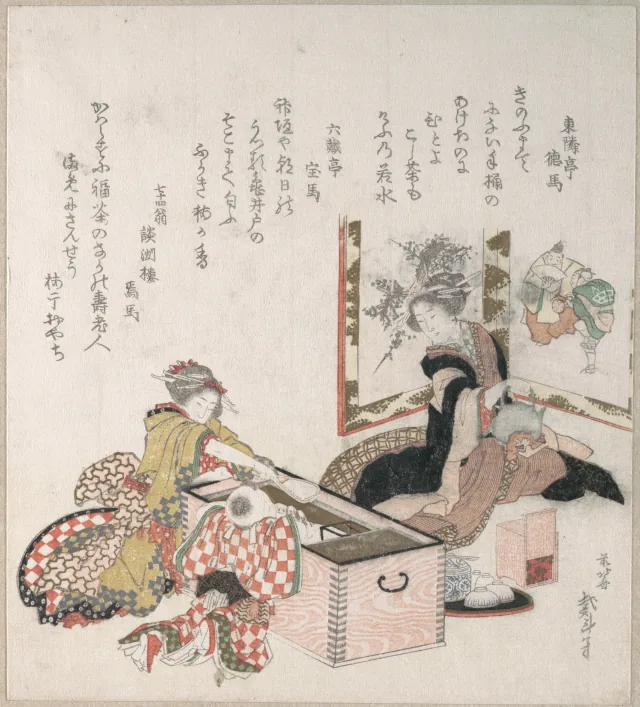 火鉢を囲んで茶を点てる女たち