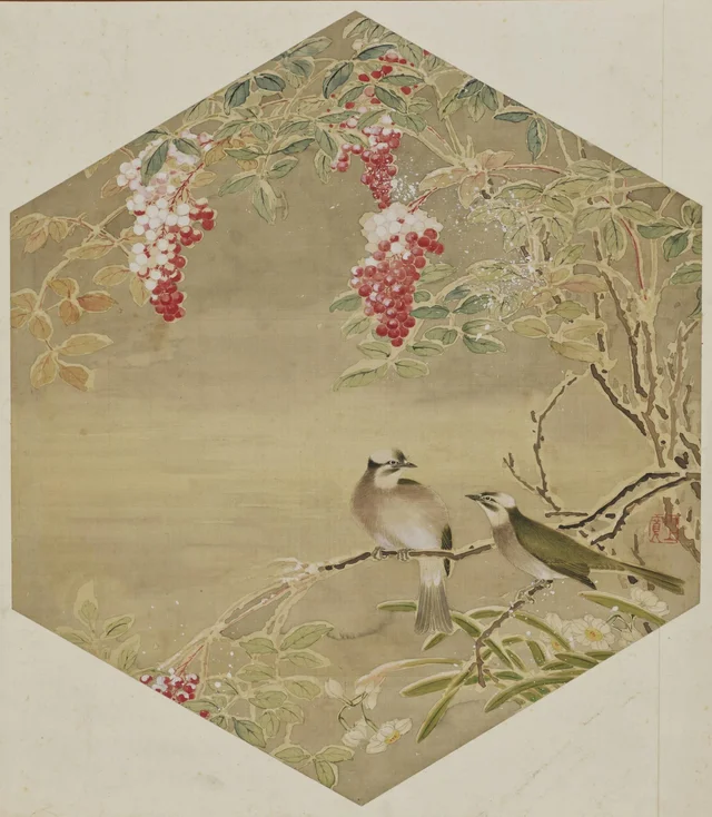 Two Birds and Nandina in the Snow (Album of landscapes, flowers and birds), Kawakami Tōgai