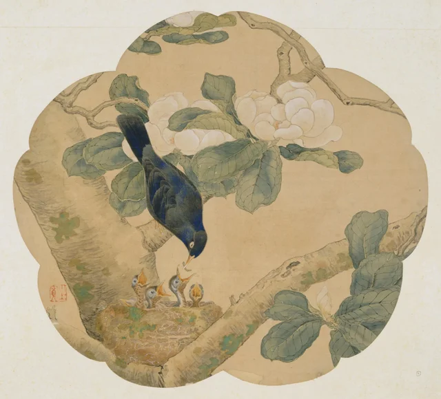 Bird Feeding Its Young in a Flowering Tree (Album of landscapes, flowers and birds), Kawakami Tōgai