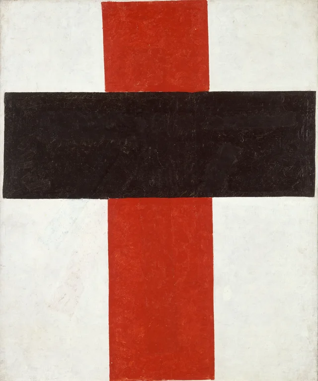 Cruz suprematista hierática (gran cruz negra sobre rojo, sobre fondo blanco)