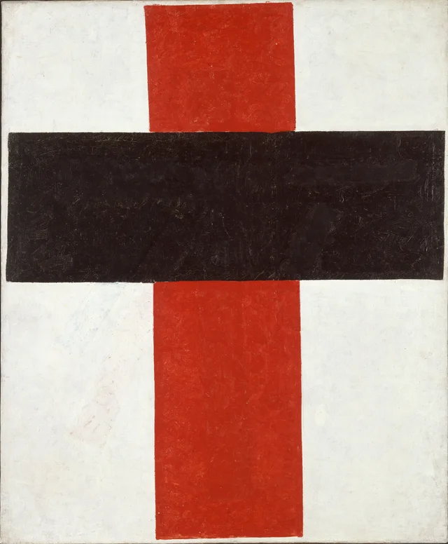 Croix suprématiste hiératique (grande croix noire sur rouge, sur fond blanc)