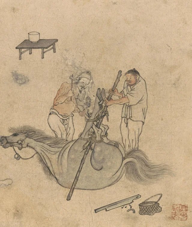 Shoeing a horse, from the Album of genre paintings by Danwon, Kim Hong-do
