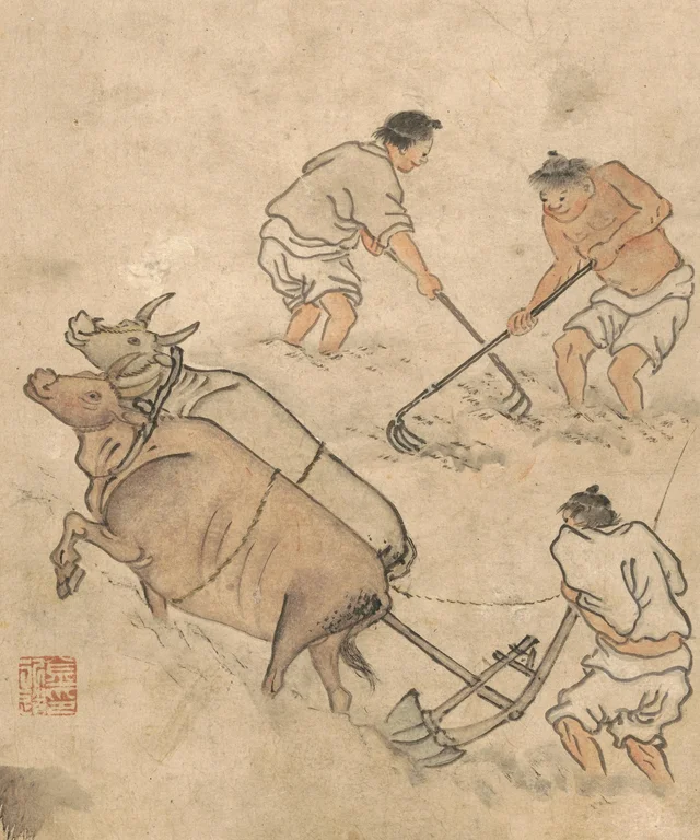 Plowing, from the Album of genre paintings by Danwon, Kim Hong-do