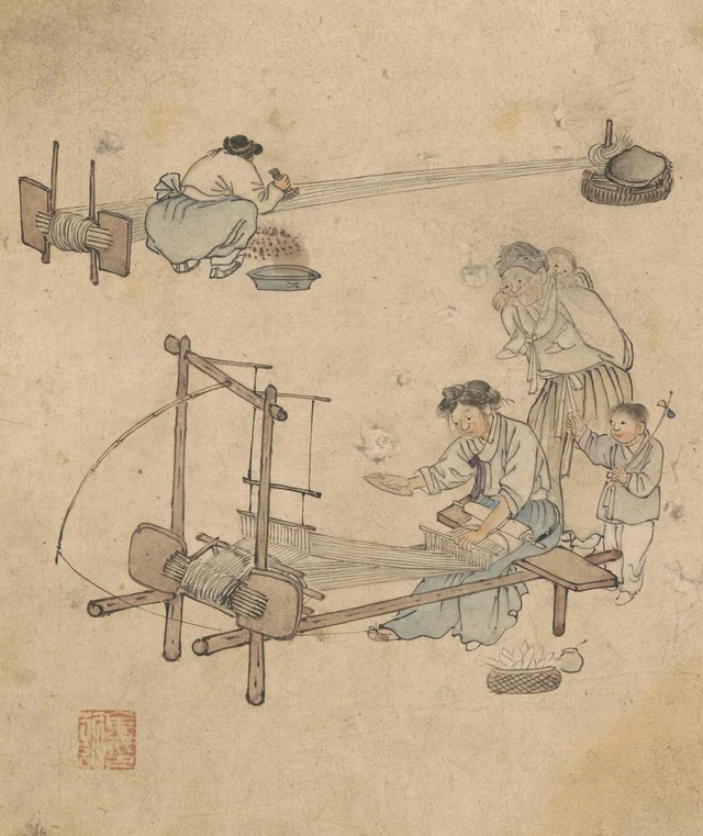 Weaving cloth, from the Album of genre paintings by Danwon, Kim Hong-do