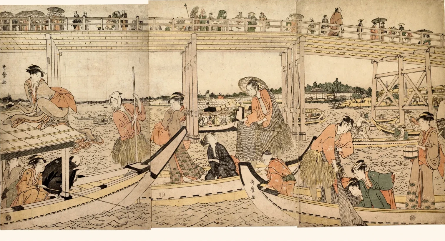 Bateaux de pêche avec filets sous le pont Ryōgoku, Kitagawa Utamaro