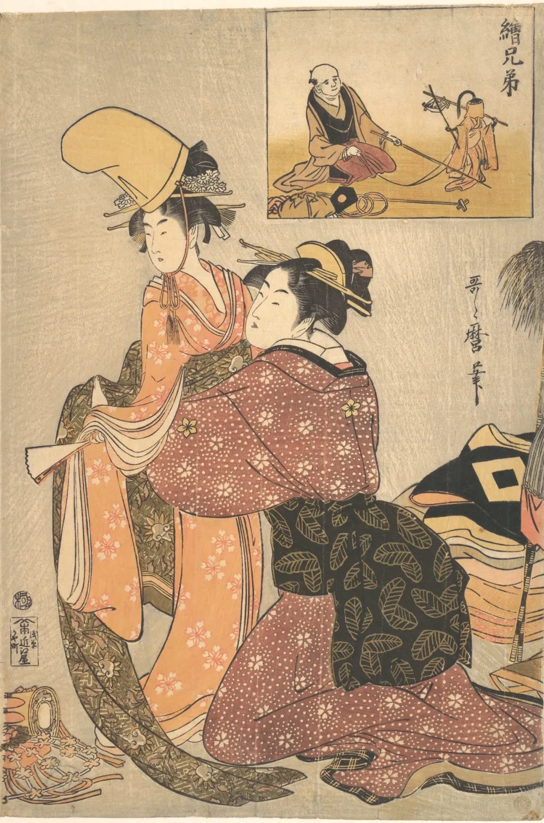 Femme habillant une jeune fille pour la danse de kabuki Musume Dōjōji, avec une image jumelle (e-kyōdai) d'un montreur de singe, Kitagawa Utamaro