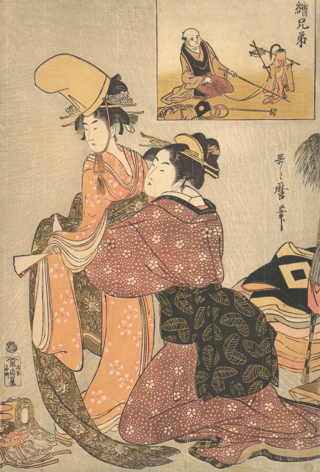 Mujer vistiendo a una joven para la danza kabuki Musume Dōjōji, con una imagen gemela (e-kyōdai) de un domador de monos, Kitagawa Utamaro