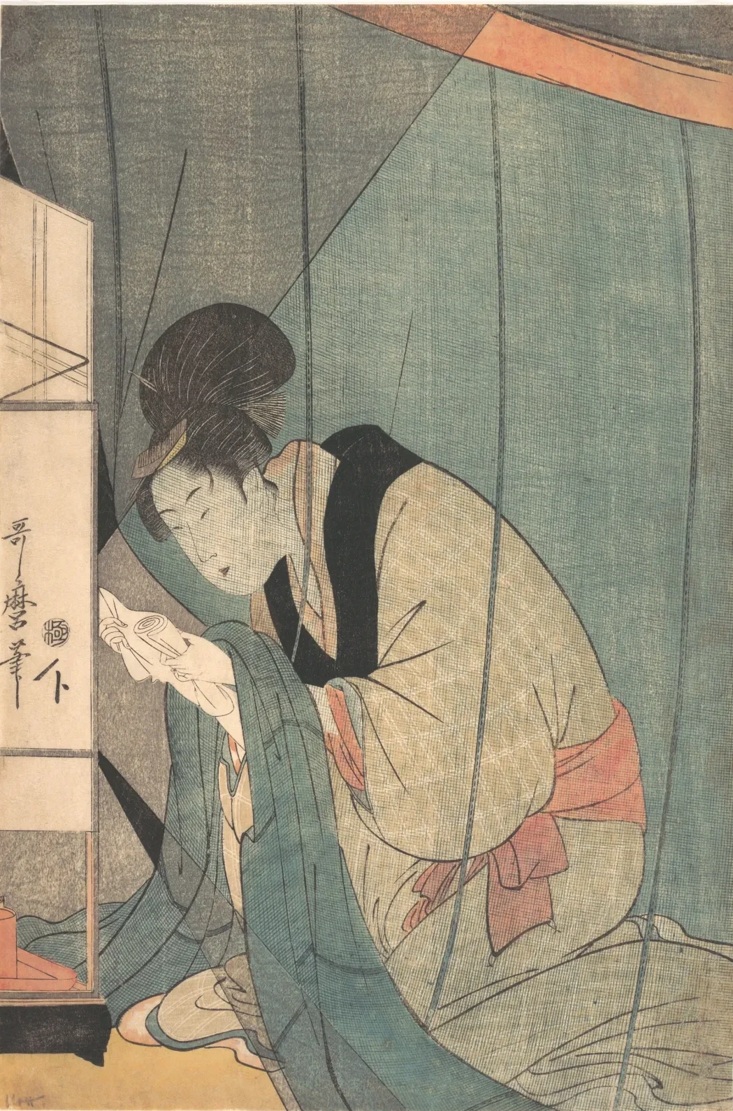 蚊帳の中で文を読む女, 喜多川歌麿