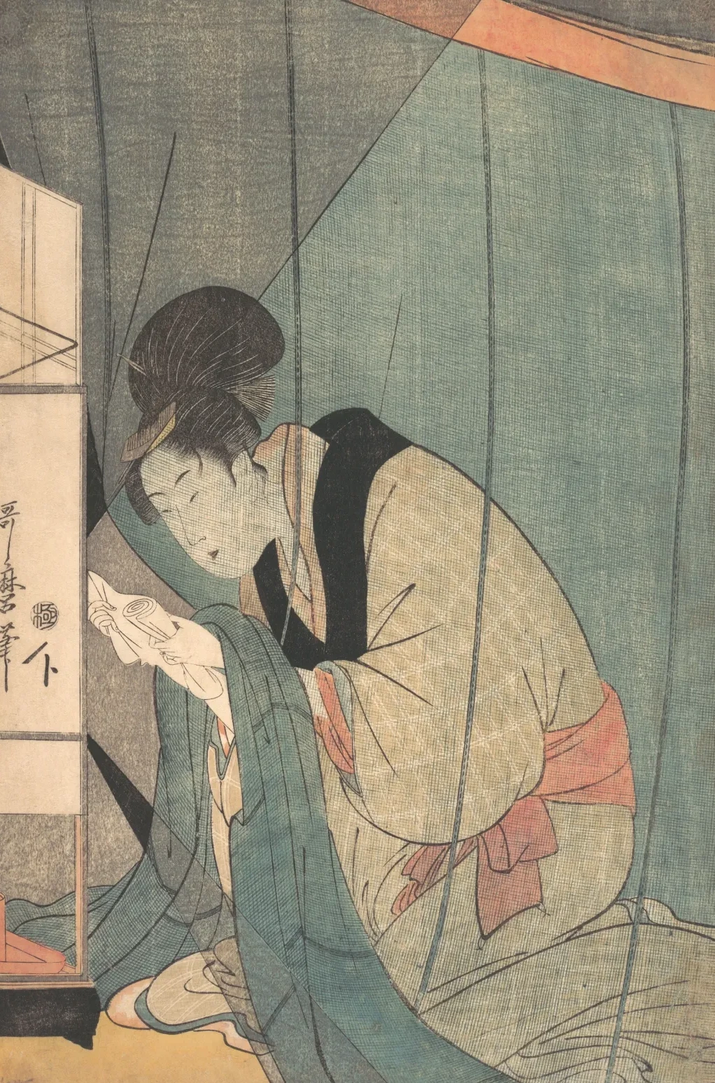 Mujer leyendo una carta bajo un mosquitero, Kitagawa Utamaro