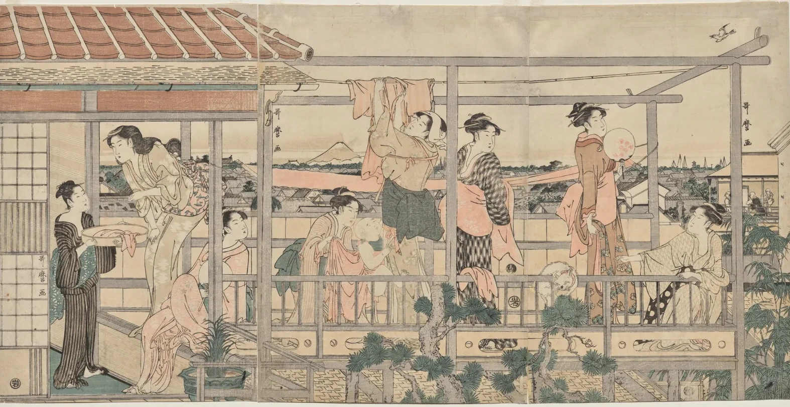 Femmes étendant le linge sur un balcon, Kitagawa Utamaro