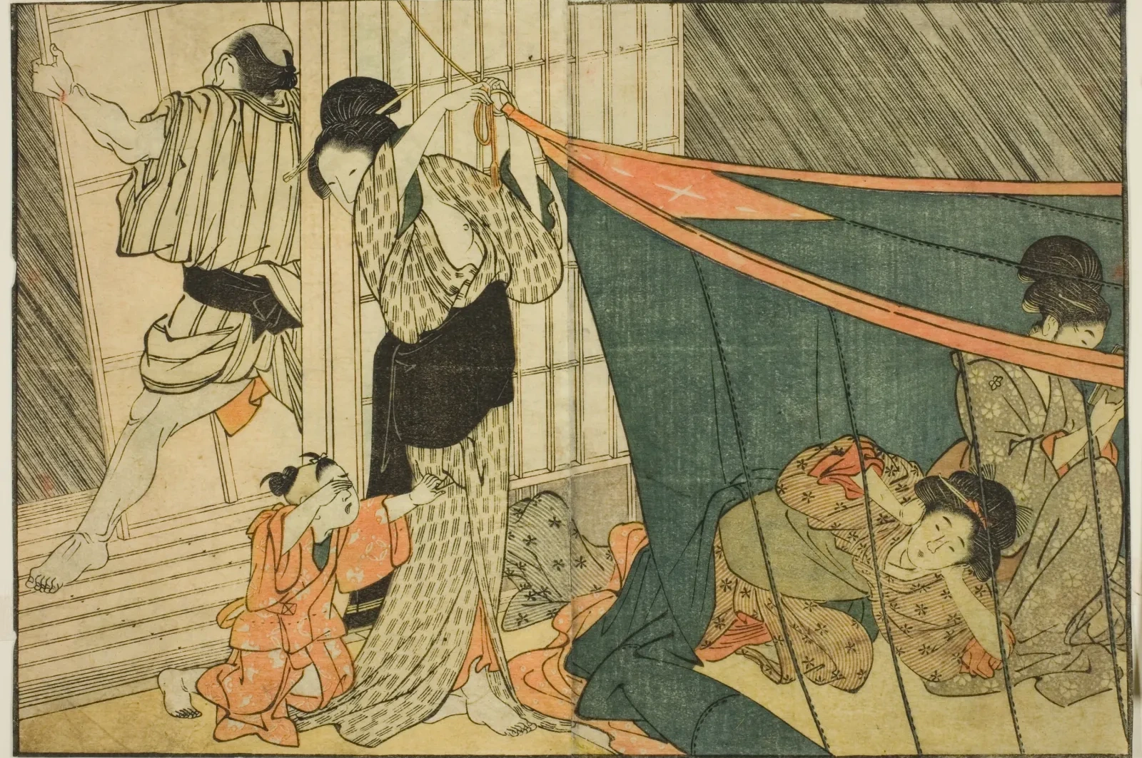 Women Inside a Mosquito Net During a Thunderstorm, from the illustrated book "Picture Book: Flowers of the Four Seasons (Ehon shiki no hana)," vol. 1, Kitagawa Utamaro