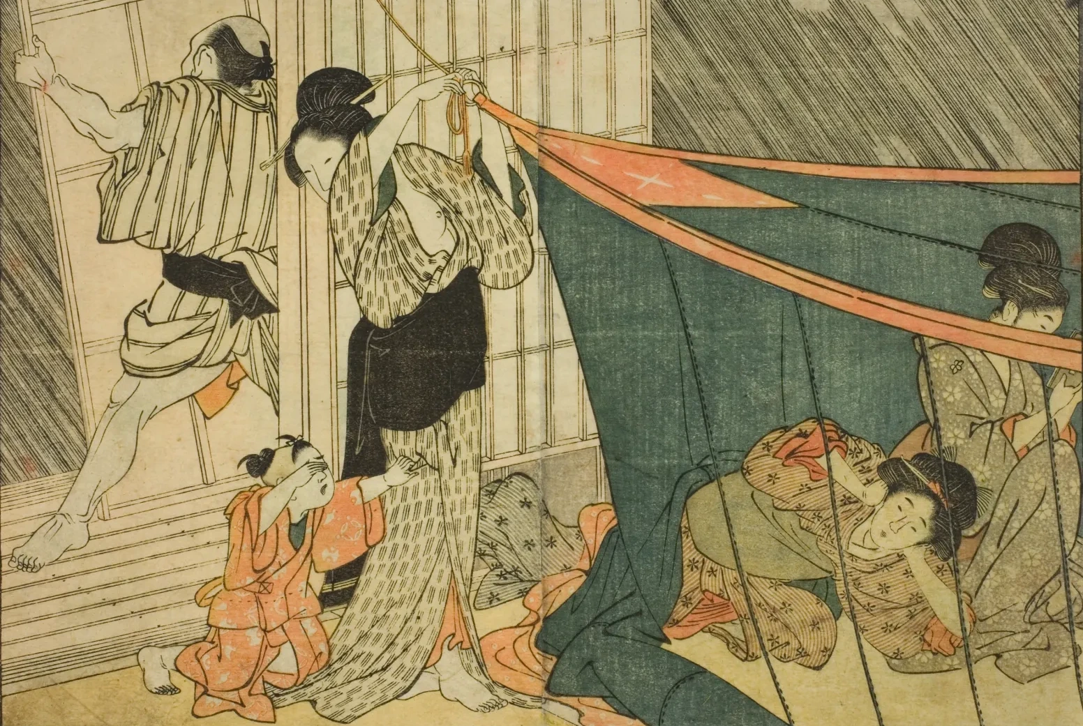 Mujeres bajo un mosquitero durante una tormenta, del libro ilustrado Libro de imágenes de las flores de las cuatro estaciones, volumen 1, Kitagawa Utamaro