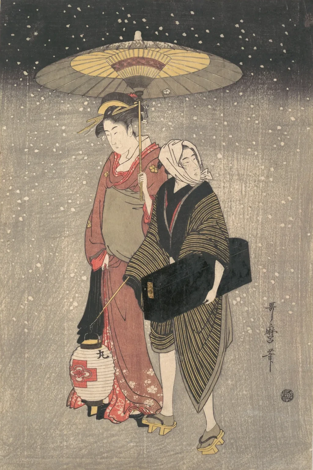 Geisha caminando sobre la nieve de noche, Kitagawa Utamaro