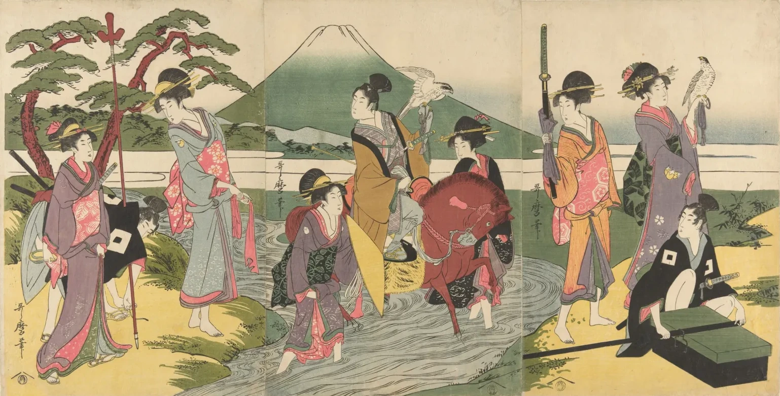 Jeune homme et sa suite traversant un ruisseau devant le mont Fuji, Kitagawa Utamaro
