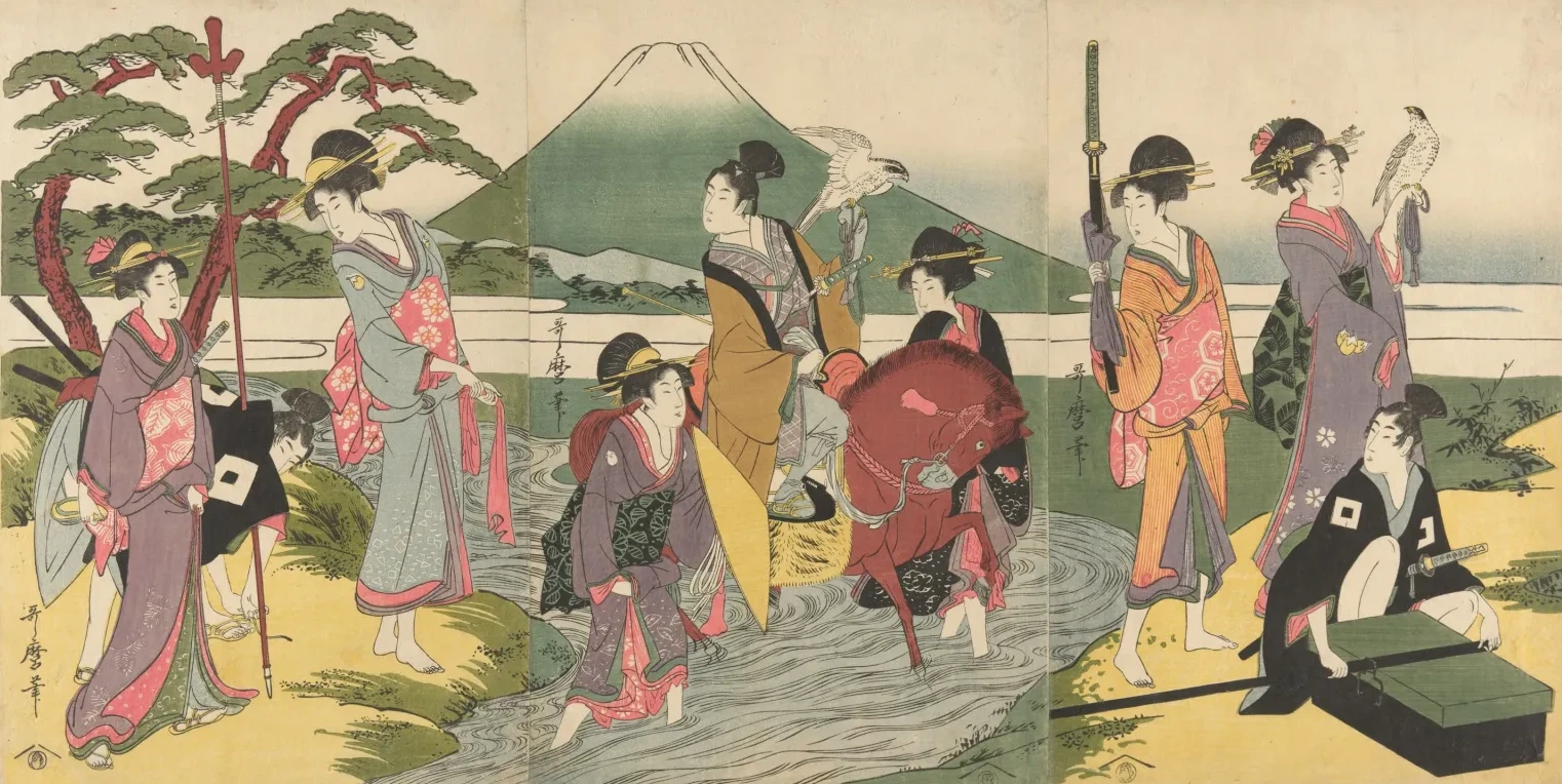 Joven y su séquito cruzando un arroyo ante el monte Fuji, Kitagawa Utamaro