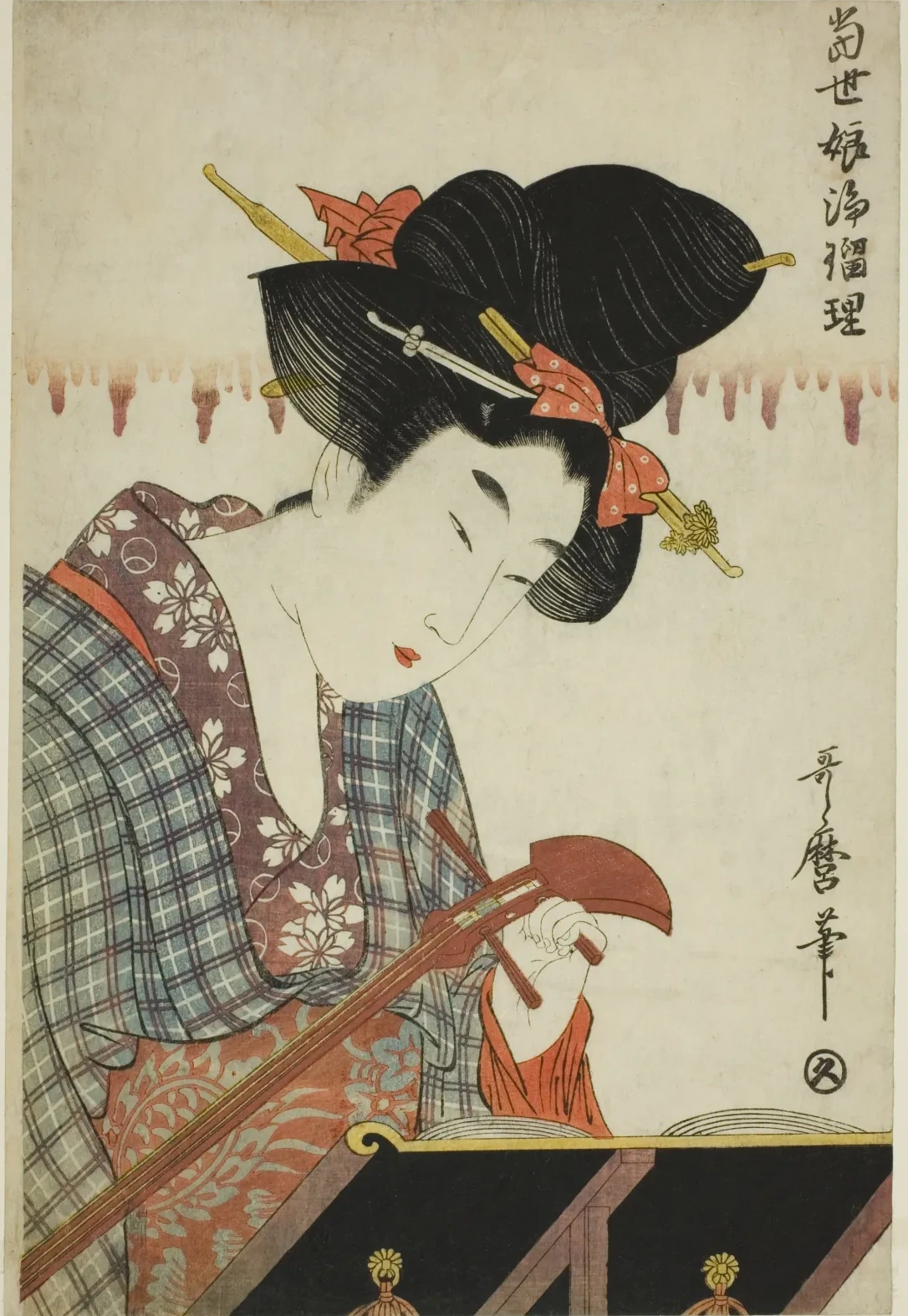 Afinando o shamisen, da série Moças de hoje cantando jōruri, Kitagawa Utamaro