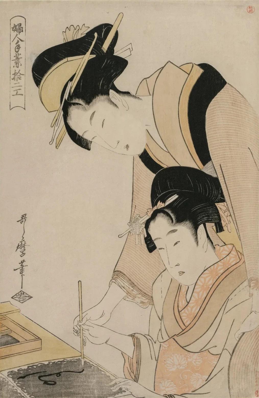 Mère enseignant la calligraphie à sa fille, de la série Douze types de travaux de femmes, Kitagawa Utamaro
