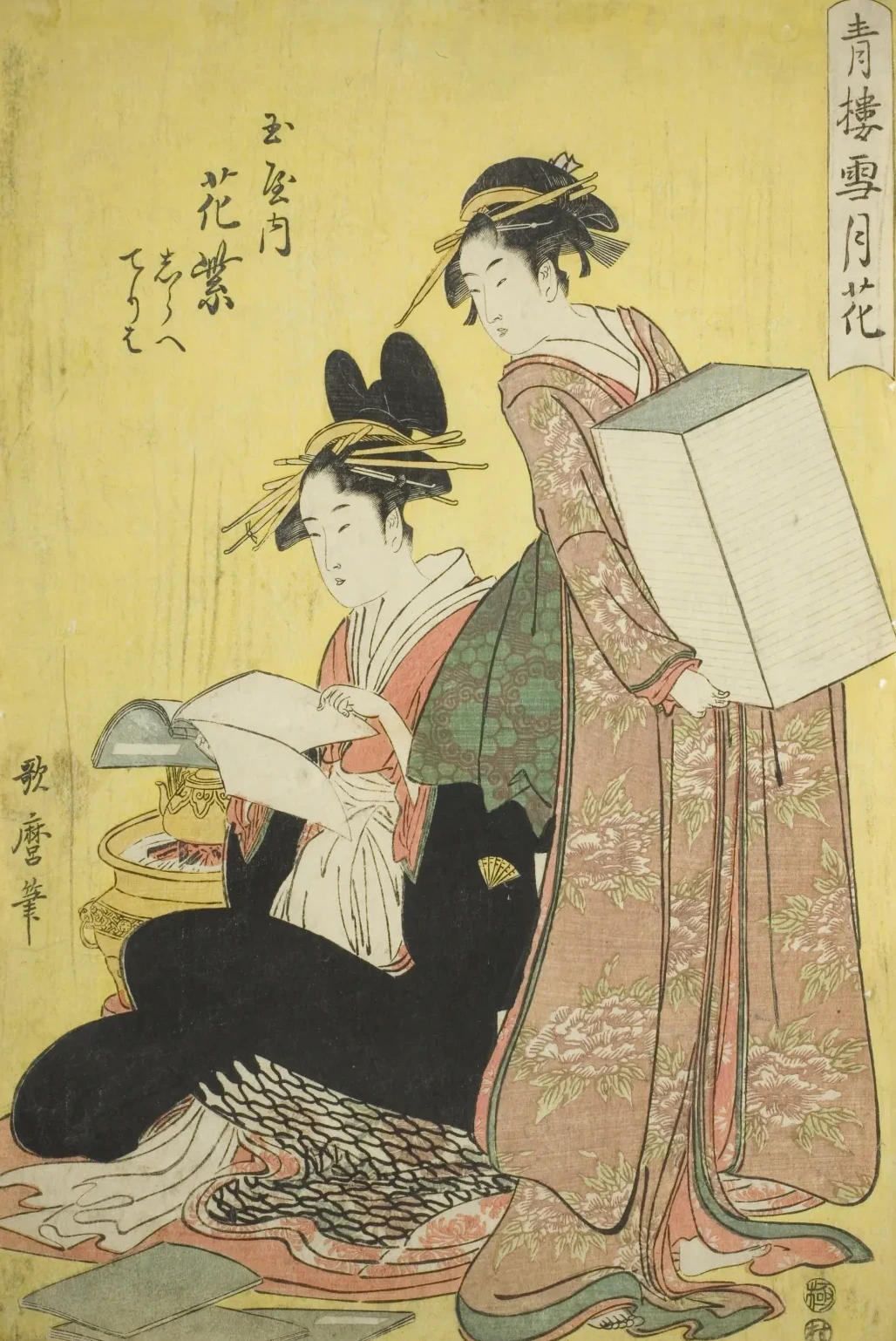 Nieve, luna y flores de las casas verdes: Hanamurasaki del Tamaya y sus criadas Shirabe y Teriha, Kitagawa Utamaro
