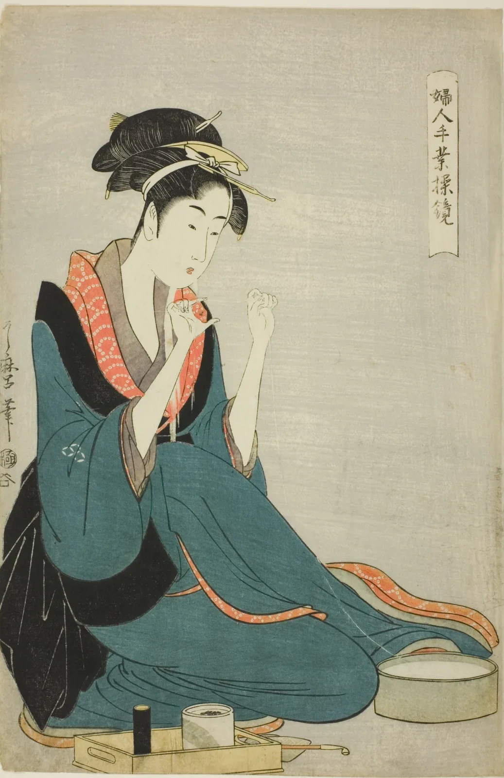 Tying Thread, from the series “Women’s Handicrafts: Models of Dexterity" ("Fujin tewaza ayatsuri kagami"), Kitagawa Utamaro