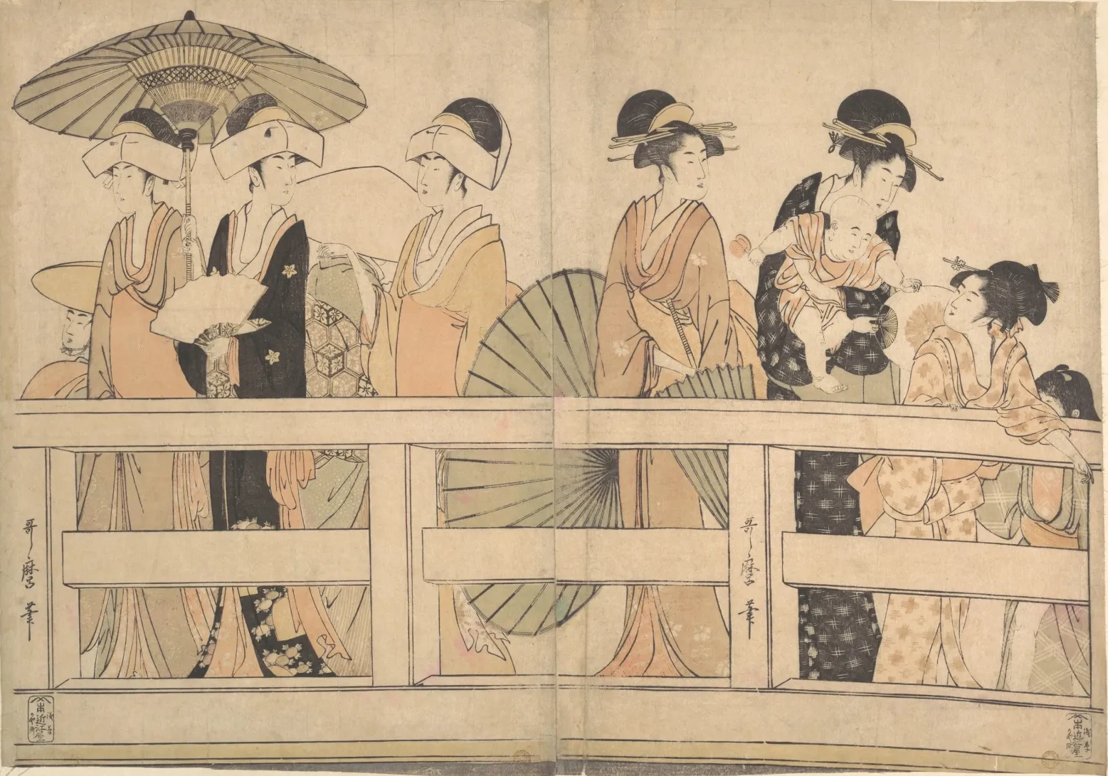 Desfrutando a brisa fresca da tarde sobre e sob a ponte, Kitagawa Utamaro