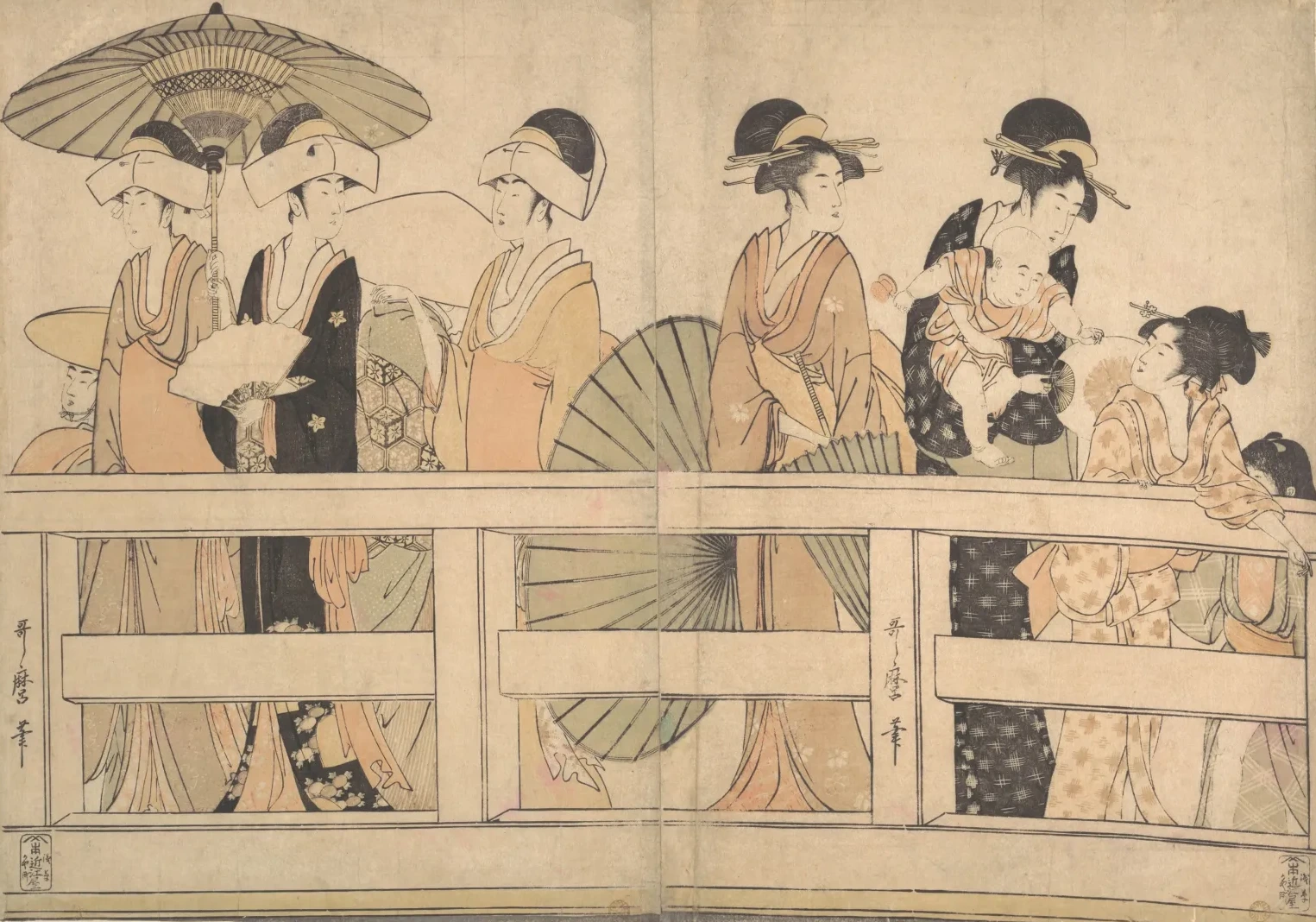 Disfrutando de la brisa fresca de la tarde sobre el puente y debajo de él, Kitagawa Utamaro