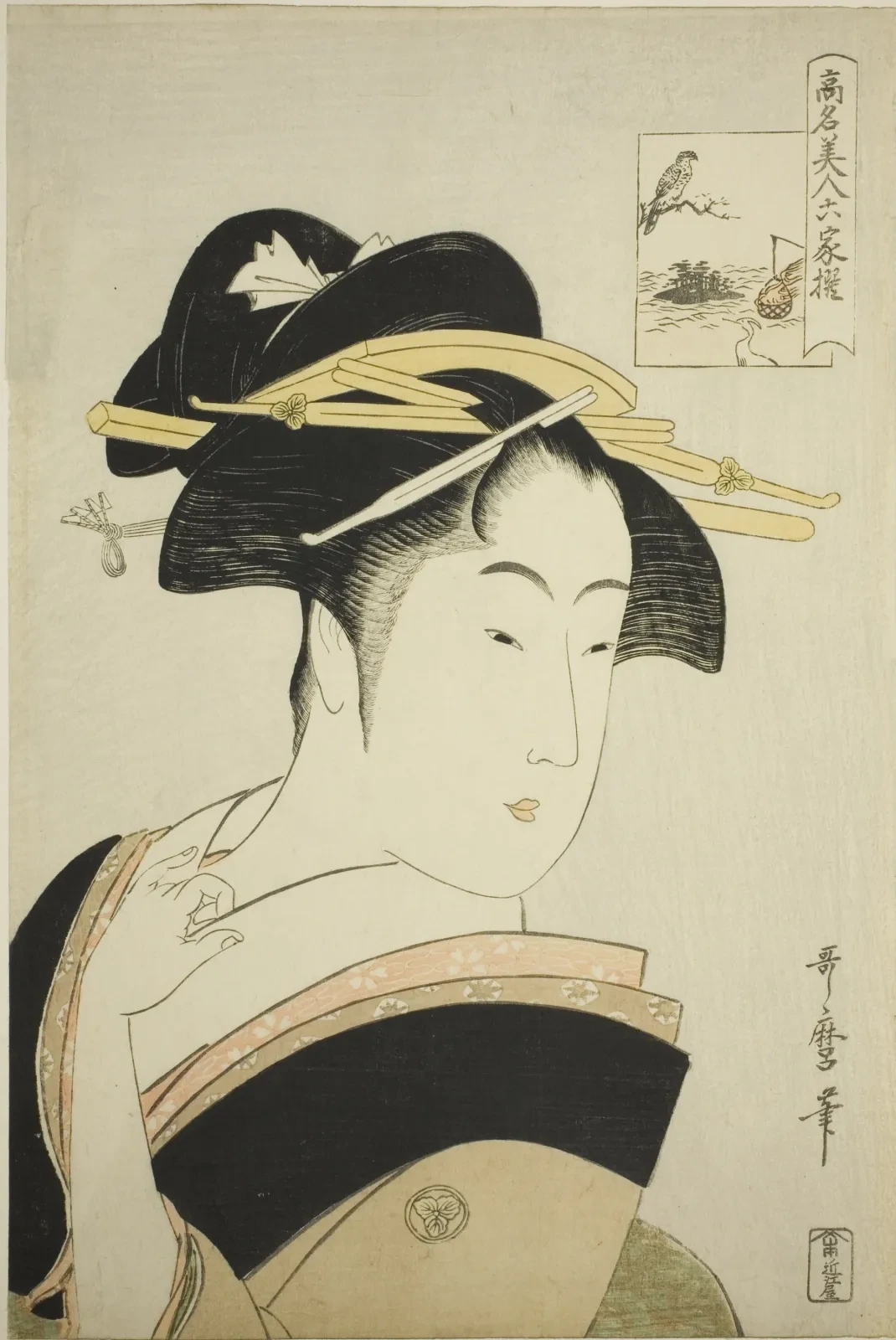 Takashima Ohisa, from the series "Renowned Beauties Likened to the Six Immortal Poets (Komei bijin rokkasen)", Kitagawa Utamaro