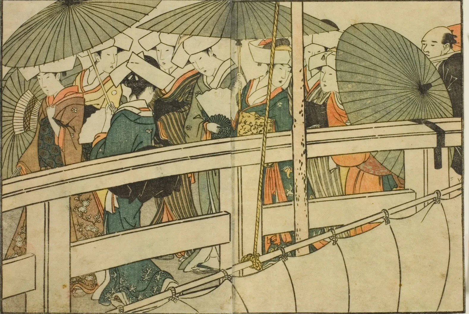 Crossing a Bridge in Summer, from the illustrated book "Picture Book: Flowers of the Four Seasons (Ehon shiki no hana)," vol. 1, Kitagawa Utamaro