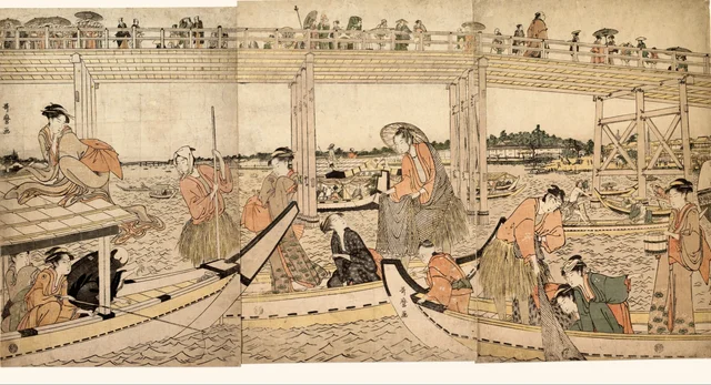 Bateaux de pêche avec filets sous le pont Ryōgoku