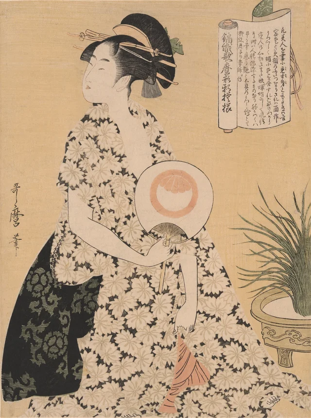 Beauty Wearing a Summer Kimono, from the series “New Patterns of Brocade Woven in Utamaro Style" ("Nishiki-ori Utamaro-gata-shinmoyo")