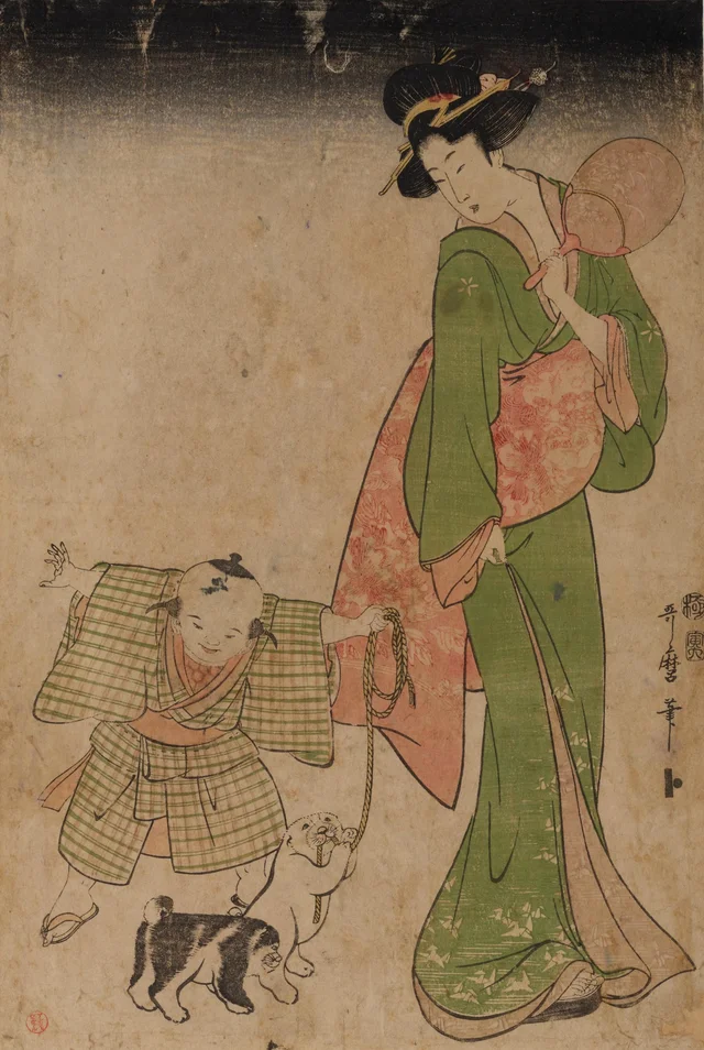 Woman and Child with Puppies, Kitagawa Utamaro