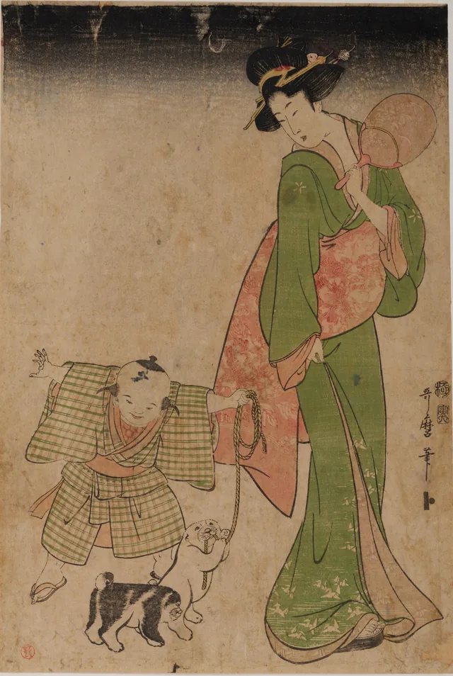 Woman and Child with Puppies, Kitagawa Utamaro