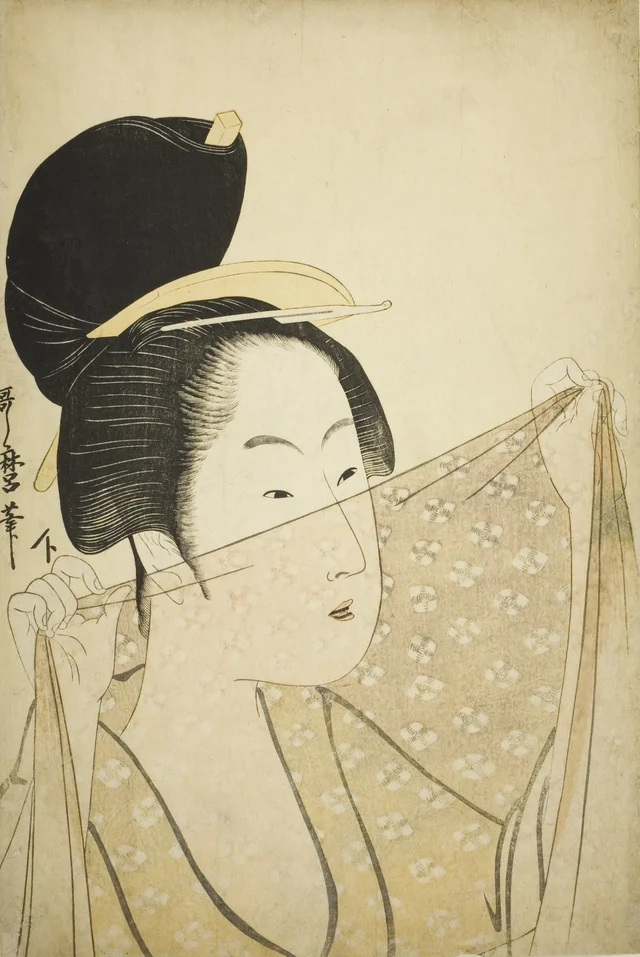 Mujer levantando una pieza de tela, Kitagawa Utamaro