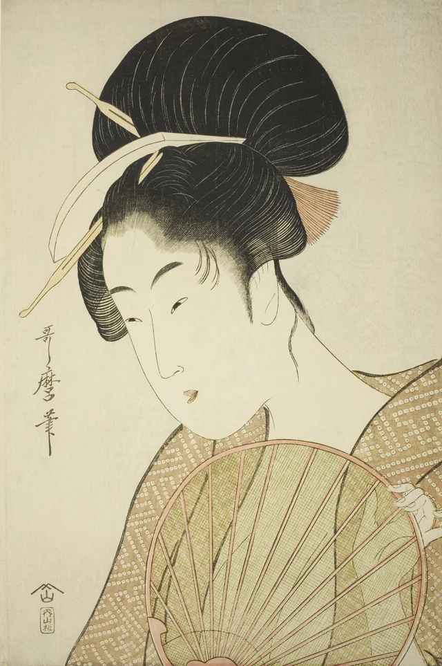 Mujer sosteniendo un abanico redondo, Kitagawa Utamaro