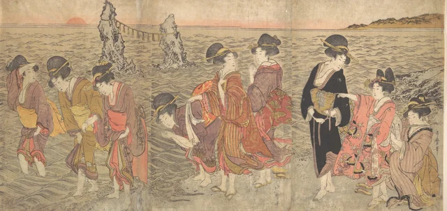 Mujeres adorando el sol naciente entre las rocas gemelas de Ise